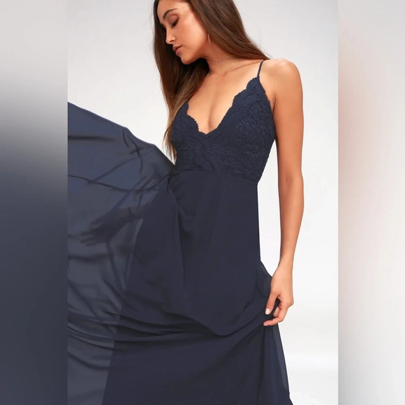 NWT Lulus Madalyn Navy Blue Lace Maxi Dress - Picture 8 of 9